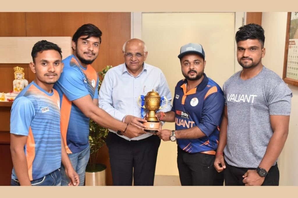Valiant Premier League Season 5 trophy launched by Gujarat Chief Minister Bhupendrabhai Patel, Vipul Narigara and Aman Rathod
